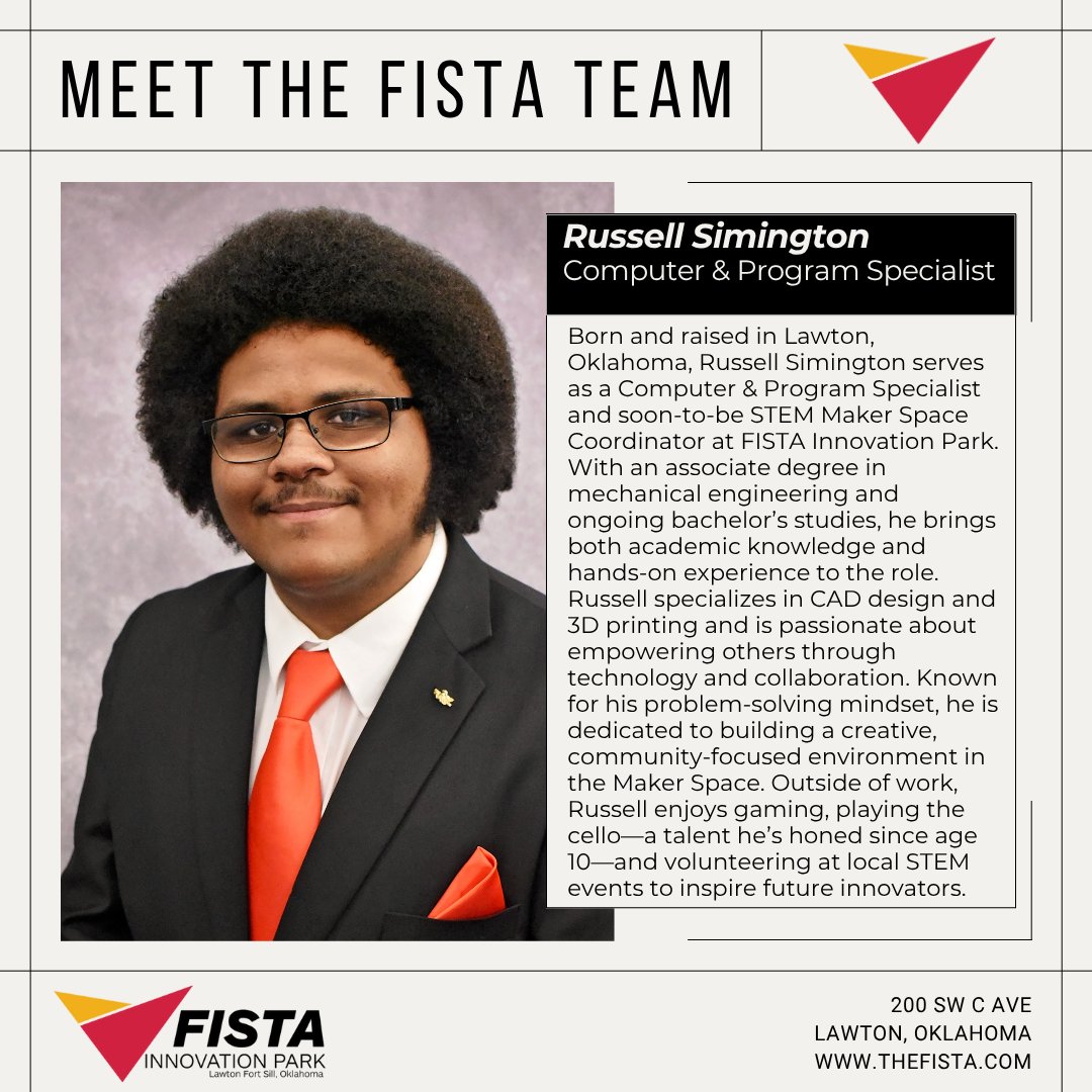 Meet Russell Simington! 👋

FISTA’s Computer &amp; Program Specialist and future Maker Space Coordinator, Russell brings STEM skills, 3D printing know-how, and a passion for innovation to the team.

#FISTA #STEM #InnovationInAction #InnovationHub