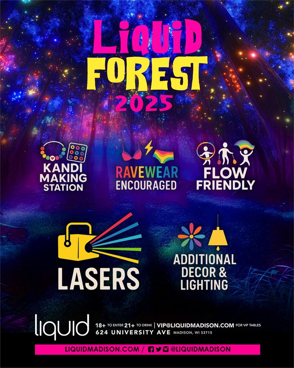 🌲 Just 2 Days Until Liquid Forest 2025! 🌲
This Friday &amp; Saturday, we’re transforming Liquid into a full-blown festival experience—no camping required!
Expect massive LASERS, immersive decor + lighting, and hands-on fun like kandi making with Katlyn, a flow-friendly setup, and a