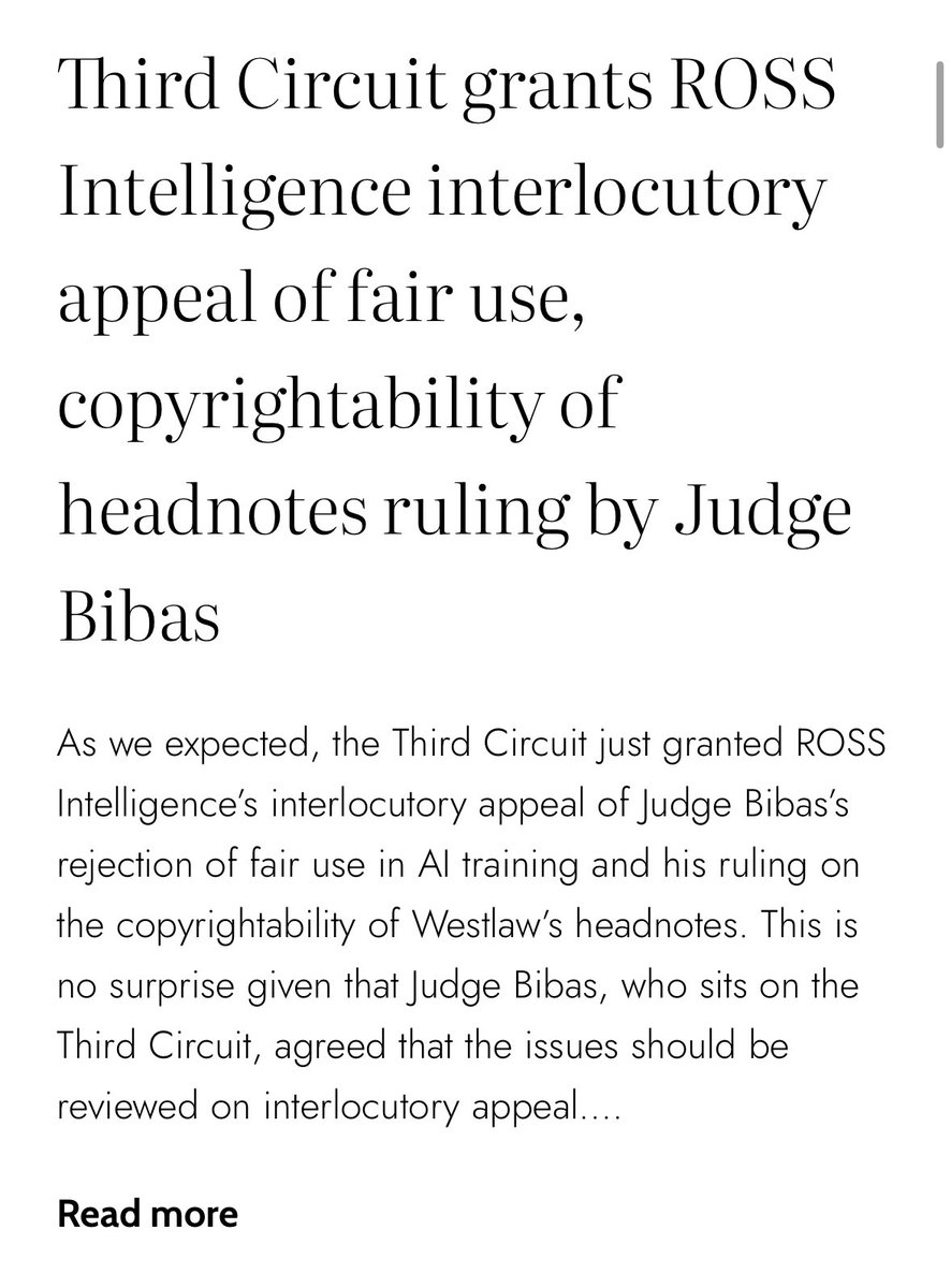 Third Circuits accepts interlocutory appeal of Judge Bibas’s decision rejecting fair use in Thompson Reuters v ROSS Intelligence. chatgptiseatingtheworld.com/2025/06/17/thi…