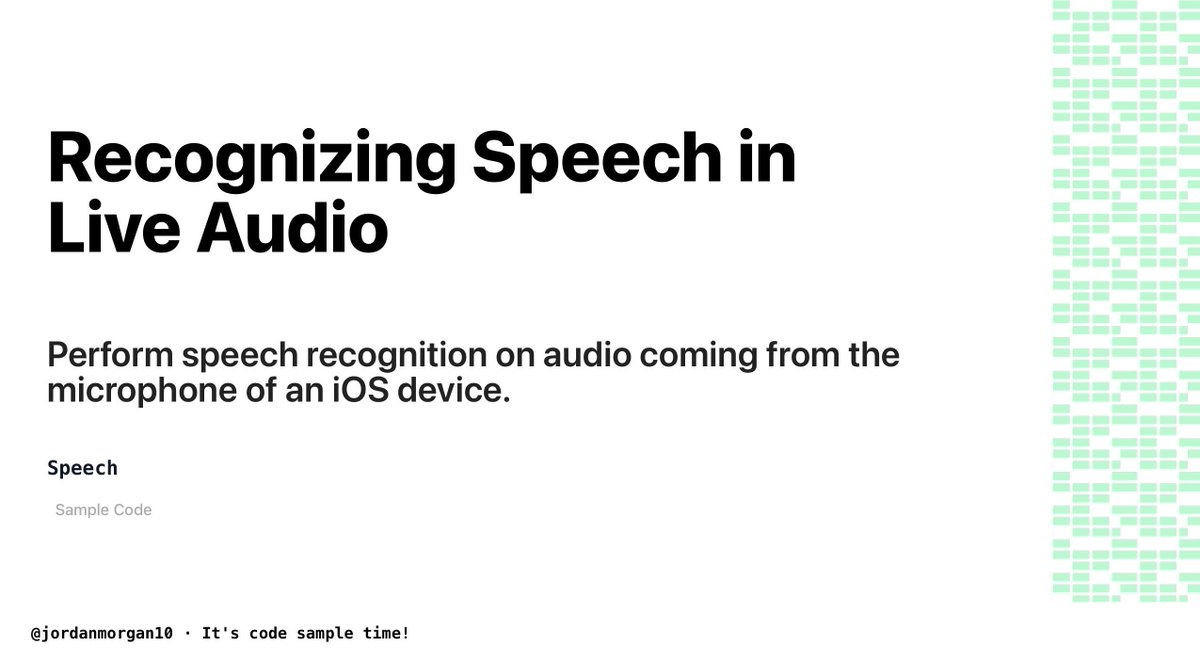 📱Today's code sample is from Speech📱

Recognizing Speech in Live Audio:
Perform speech recognition on audio coming from the microphone of an iOS device.

👉developer.apple.com/documentation/…