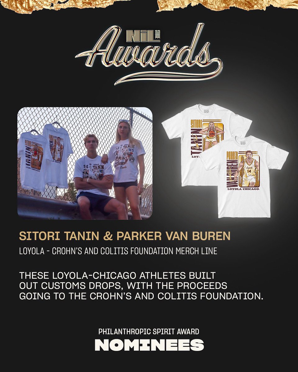 Sitori Tanin &amp; Parker Van Buren have been nominated for the Philanthropic Spirit Award❤️ The NIL Store Awards recognize their efforts to create custom drops whose proceeds benefit the Crohn’s and Colitis Foundation.

Vote HERE➡️ nil.store/pages/awards
