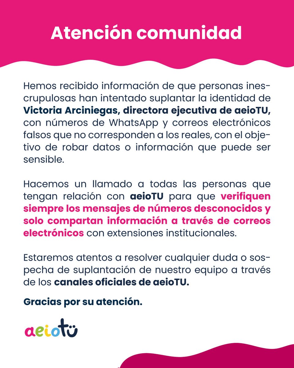 🚨¡Atención! Desde aeioTU alertamos sobre intentos de suplantación de identidad de nuestra directora ejecutiva, <a href="/v_arcniegas/">Victoria Arciniegas Gómez</a> , a través de WhatsApp y correos falsos.

📩 Verifica siempre que los mensajes provengan de canales oficiales y correos institucionales.
