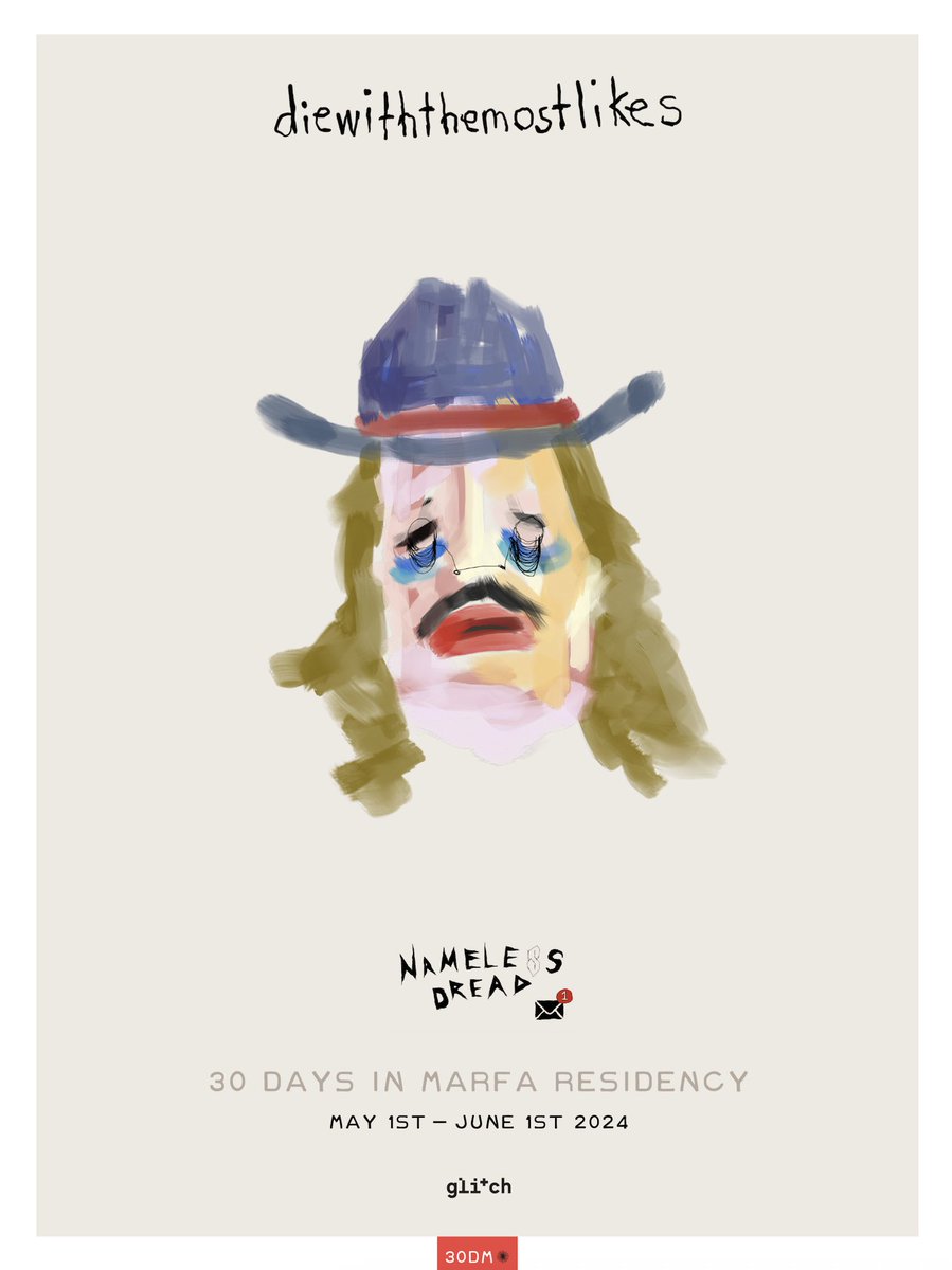 7/ To celebrate and honor the one year anniversary of Die’s ‘nameless dread’, our curation team at <a href="/glitchmarfa/">glitch</a> is honored to immortalize <a href="/toadswiback/">die with the most likes</a>’s Marfa residency with a digital exhibition poster on <a href="/ethereum/">Ethereum</a>.

Die’s poster will live inside <a href="/glitchmarfa/">glitch</a>’s ‘Exhibition