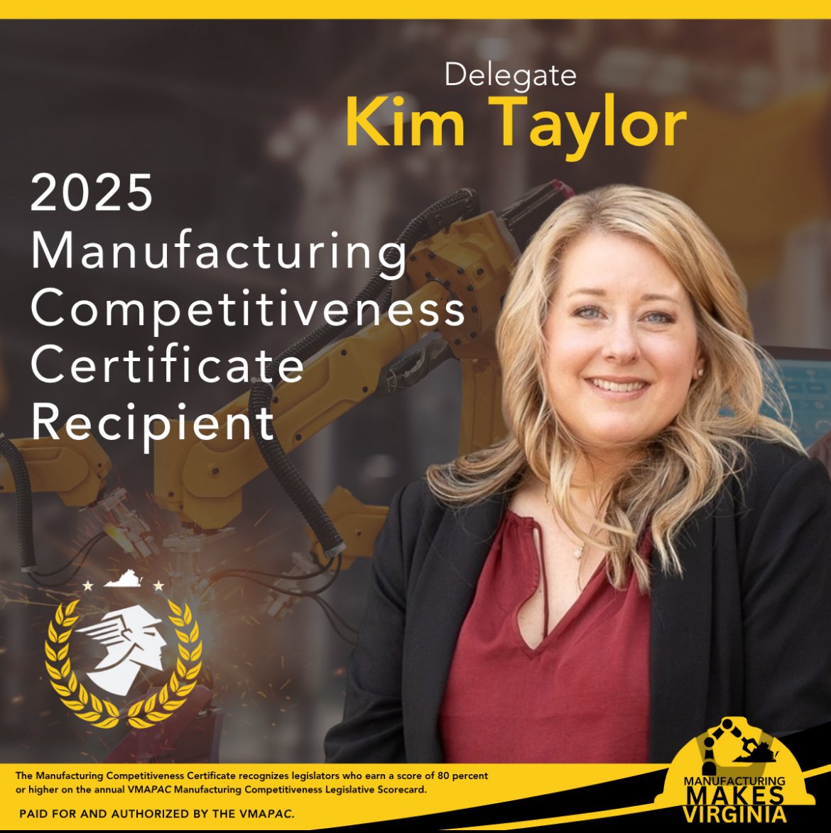 Kim Taylor (@kimtaylor_va) on Twitter photo I was proud to be named a 2025 Manufacturing Competitiveness Certificate Recipient from <a href="/MFGmakesVA/">Virginia Manufacturers Association</a>! Over the last four years, I have helped secure thousands of dollars in funding and grants to bring manufacturing into our district. Manufacturers are the backbone of our economy I was proud to be named a 2025 Manufacturing Competitiveness Certificate Recipient from <a href="/MFGmakesVA/">Virginia Manufacturers Association</a>! Over the last four years, I have helped secure thousands of dollars in funding and grants to bring manufacturing into our district. Manufacturers are the backbone of our economy