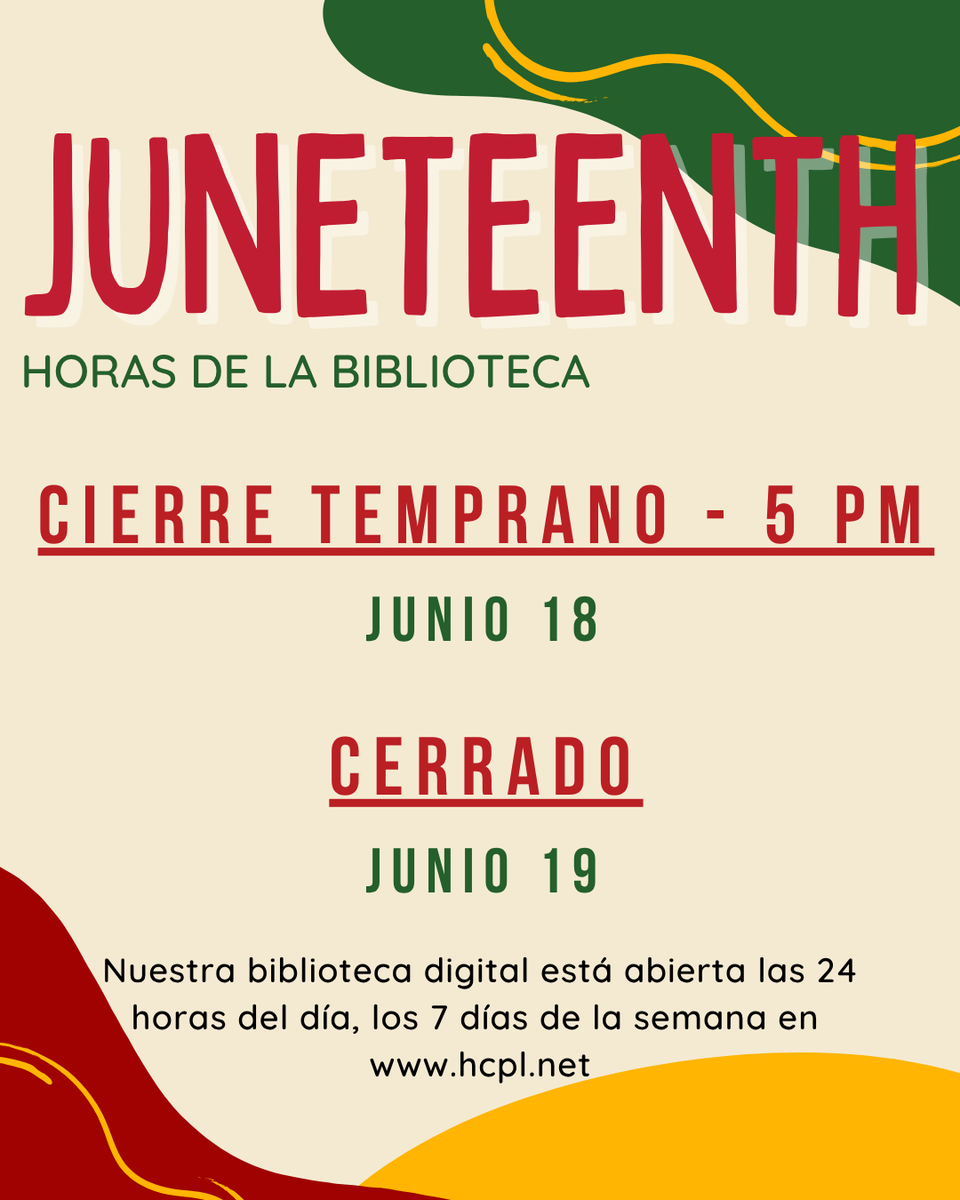 In observance of Juneteenth, our libraries will be closed Thursday, June 19th but our digital library is open 24/7.

En conmemoración a Juneteenth, nuestras bibliotecas estarán cerradas el jueves, 19 de junio, pero nuestra biblioteca digital está siempre abierta.