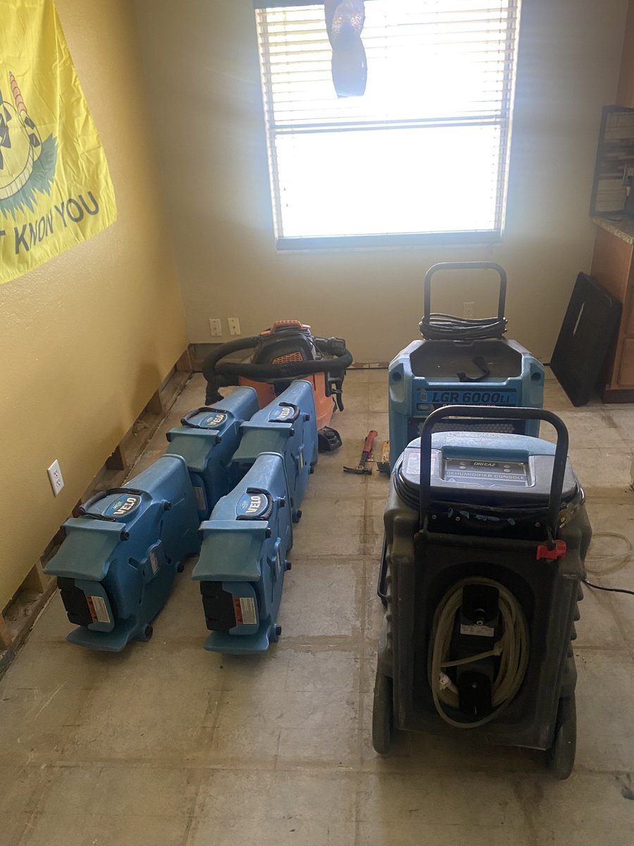 Disaster relief had to tear up the flooring due to flooding. Damage is a lot worse than anticipated. $900 water bill will likely be readjusted after repairs. It’s gonna suck not having running water for a week…