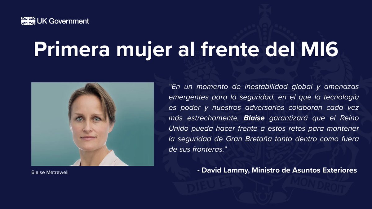 Embajada Británica 🇬🇧🇵🇾 (@ukinparaguay) on Twitter photo 🇬🇧 Por primera vez, una mujer estará al frente del Servicio de Inteligencia Británico MI6.
Te compartimos el mensaje del Ministro de Asuntos Exteriores <a href="/DavidLammy/">David Lammy</a> sobre la designación de Blaise Metreweli, quien asumirá el cargo en octubre. 🇬🇧 Por primera vez, una mujer estará al frente del Servicio de Inteligencia Británico MI6.
Te compartimos el mensaje del Ministro de Asuntos Exteriores <a href="/DavidLammy/">David Lammy</a> sobre la designación de Blaise Metreweli, quien asumirá el cargo en octubre.