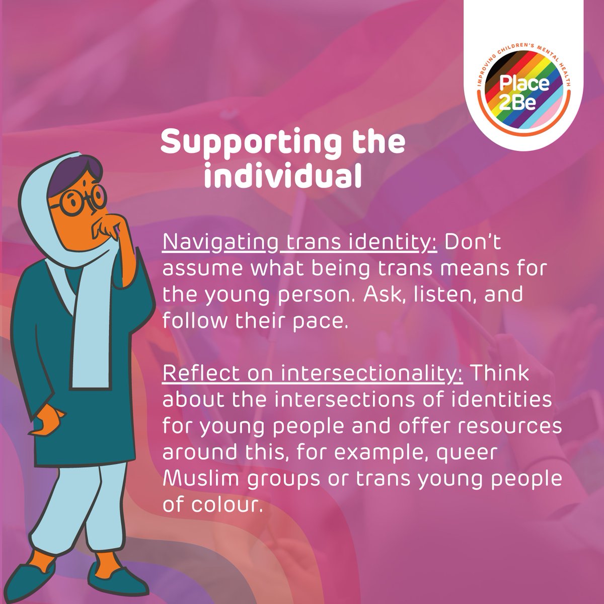 At Place2Be, we believe every child and young person deserves to feel safe, seen and supported, no matter their sexuality or gender identity. 🌈 

Here are some tips for creating inclusive, accepting spaces where LGBTQ+ young people can thrive.

Read more: bit.ly/4414Gf4