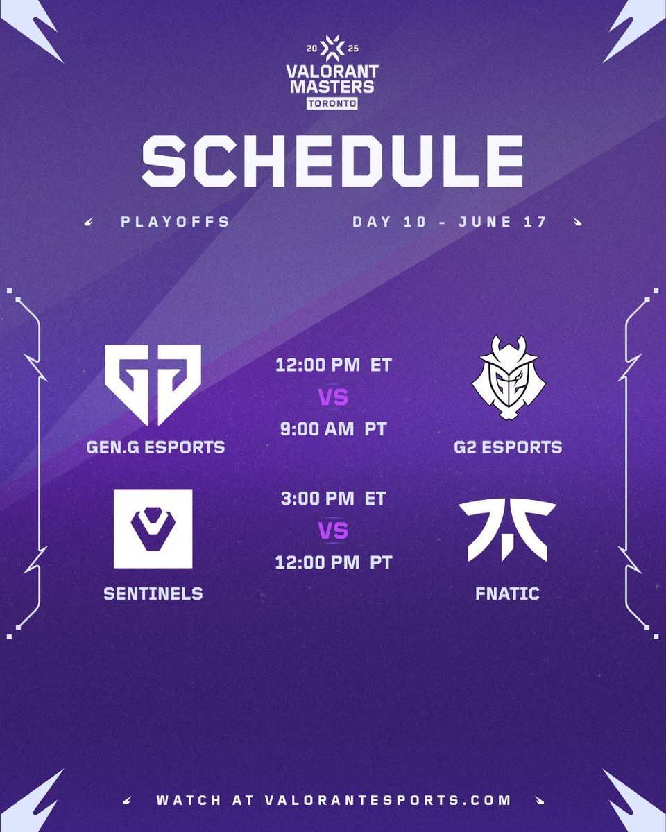 Un planning de rêve pour cette dixième journée de #VALORANTMasters Toronto ✨

🔴 twitch.tv/VALORANT_fr