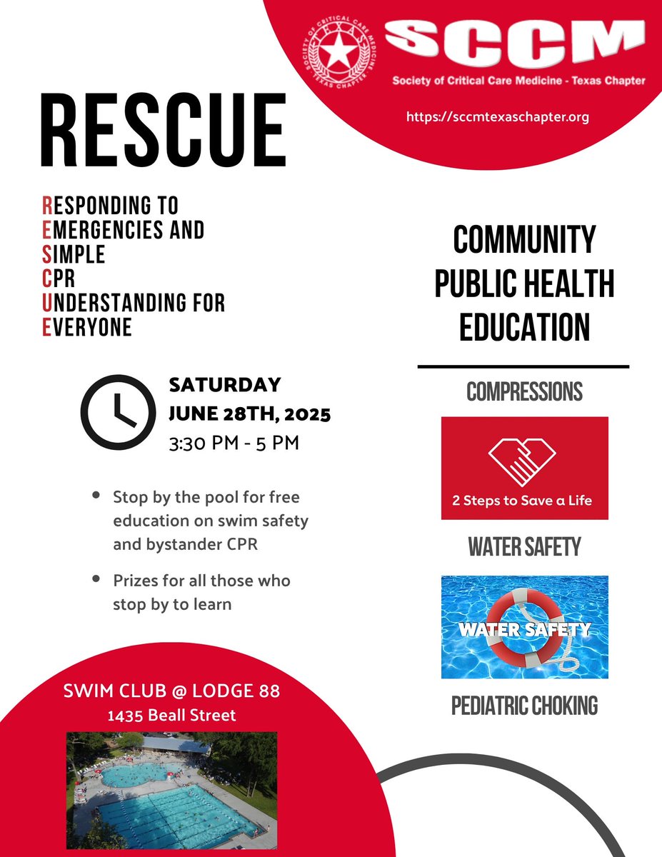 SCCM Texas Chapter (@sccmtxchapter) on Twitter photo Join the Community Engagement Committee at the pool on Saturday June 28th for an important session on bystander CPR and swim safety!
We are looking for volunteers - if you're interested in helping us educate the public, please email us: communityengagement@sccmtexaschapter.org Join the Community Engagement Committee at the pool on Saturday June 28th for an important session on bystander CPR and swim safety!
We are looking for volunteers - if you're interested in helping us educate the public, please email us: communityengagement@sccmtexaschapter.org