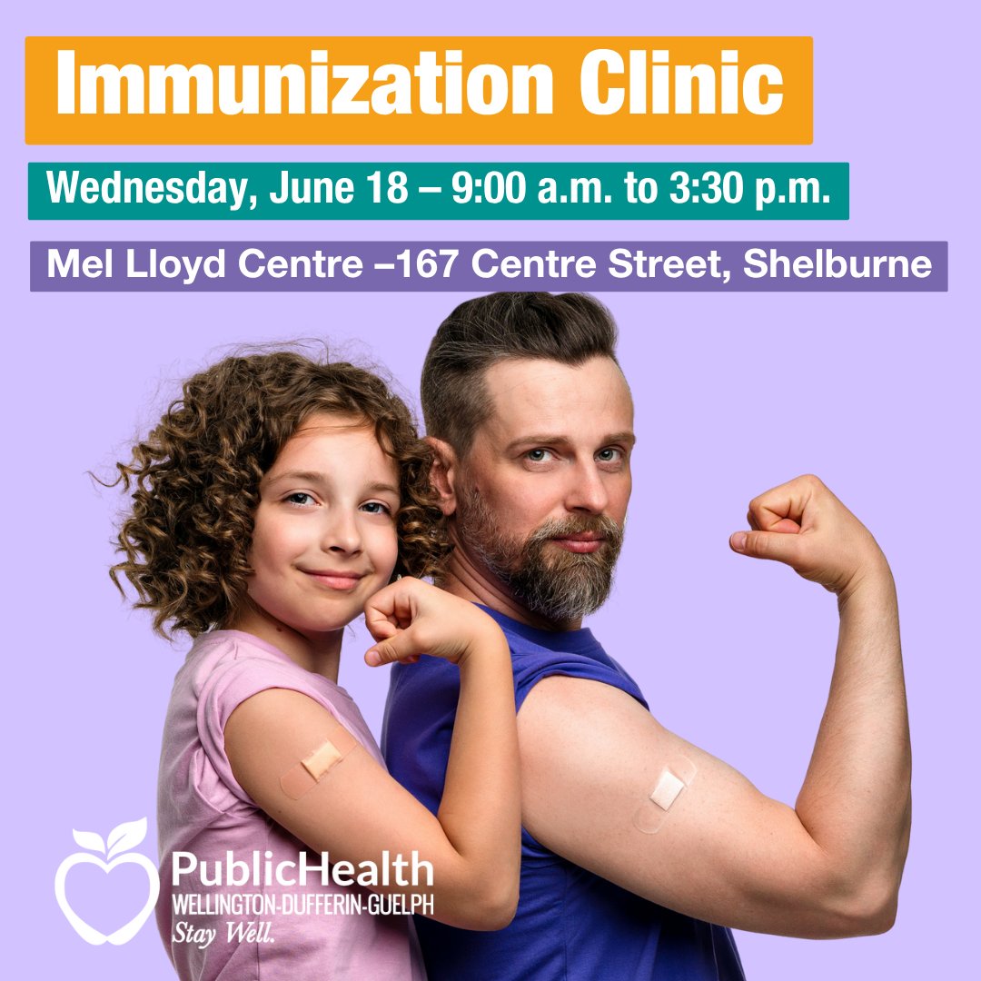 🦠 Protect yourself and your family from serious illness.
📅 Immunizations Clinic on Weds., June 18 – 9:00 a.m. to 3:30 p.m. at the Mel Lloyd Centre: 167 Centre St., Shelburne.
Open to all ages. Book your apt: 1-800-265-7293 ext. 7006 or visit wdgpublichealth.ca/appointments
