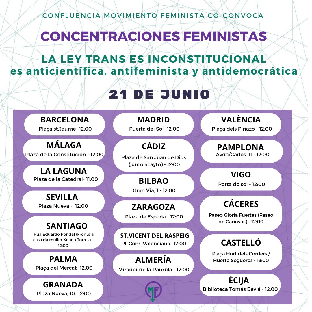 Movimiento Feminista (@confluenciamf) on Twitter photo ‼️LLAMAMIENTO A TODOS LOS MEDIOS‼️
Os esperamos en todas las ciudades para INFORMAR sobre la movilización el próximo sábado 21 de junio.
#LaLeyTransEsInconstitucional
<a href="/TConstitucionE/">Tribunal Constitucional de España</a>
<a href="/rtvenoticias/">RTVE Noticias</a> <a href="/rne/">Radio Nacional</a> <a href="/La_SER/">Cadena SER</a> <a href="/noticias_cuatro/">Noticias Cuatro</a> <a href="/EnBocaDe_Todos/">En boca de todos</a> <a href="/A3Noticias/">Antena 3 Noticias</a> <a href="/OndaCero_es/">Onda Cero</a> <a href="/el_pais/">EL PAÍS</a> ‼️LLAMAMIENTO A TODOS LOS MEDIOS‼️
Os esperamos en todas las ciudades para INFORMAR sobre la movilización el próximo sábado 21 de junio.
#LaLeyTransEsInconstitucional
<a href="/TConstitucionE/">Tribunal Constitucional de España</a>
<a href="/rtvenoticias/">RTVE Noticias</a> <a href="/rne/">Radio Nacional</a> <a href="/La_SER/">Cadena SER</a> <a href="/noticias_cuatro/">Noticias Cuatro</a> <a href="/EnBocaDe_Todos/">En boca de todos</a> <a href="/A3Noticias/">Antena 3 Noticias</a> <a href="/OndaCero_es/">Onda Cero</a> <a href="/el_pais/">EL PAÍS</a>