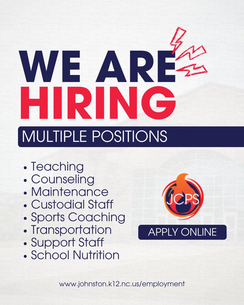 📢JCPS IS HIRING!!!

We're looking for dedicated professionals to join our team in a variety of roles. If you are seeking a rewarding career and have a passion for education, we want you to consider JCPS!

🖱️Apply online at: johnston.k12.nc.us/employment