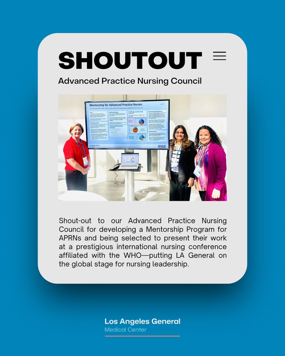 LAGeneralMed's tweet image. 🌟 Shout-out to our Advanced Practice Nursing Council! Their APRN Mentorship Program was selected for presentation at a prestigious international nursing conference affiliated with WHO.