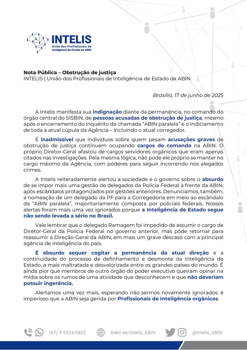 Intelis - Profissionais da ABIN (@intelis_abin) on Twitter photo Nota Pública - Obstrução de justiça
#INTELIS #ABIN #InteligênciaDeEstado
<a href="/LulaOficial/">Lula</a> <a href="/costa_rui/">Rui Costa</a> <a href="/casacivilbr/">Casa Civil</a> <a href="/presidencia_BR/">Presidência da República do Brasil</a> Nota Pública - Obstrução de justiça
#INTELIS #ABIN #InteligênciaDeEstado
<a href="/LulaOficial/">Lula</a> <a href="/costa_rui/">Rui Costa</a> <a href="/casacivilbr/">Casa Civil</a> <a href="/presidencia_BR/">Presidência da República do Brasil</a>