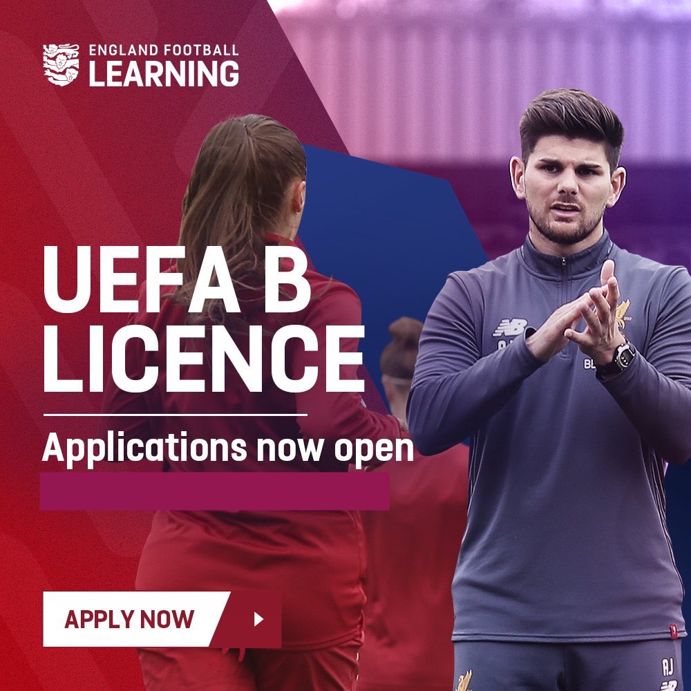 <a href="/EnglandLearning/">England Football Learning</a> #UefaB application window is now open. 
<a href="/HampshireFA/">Hampshire FA</a> coaches,  If you’re ready for the next step in your coaching journey  there’s only one course running in county so apply fast.