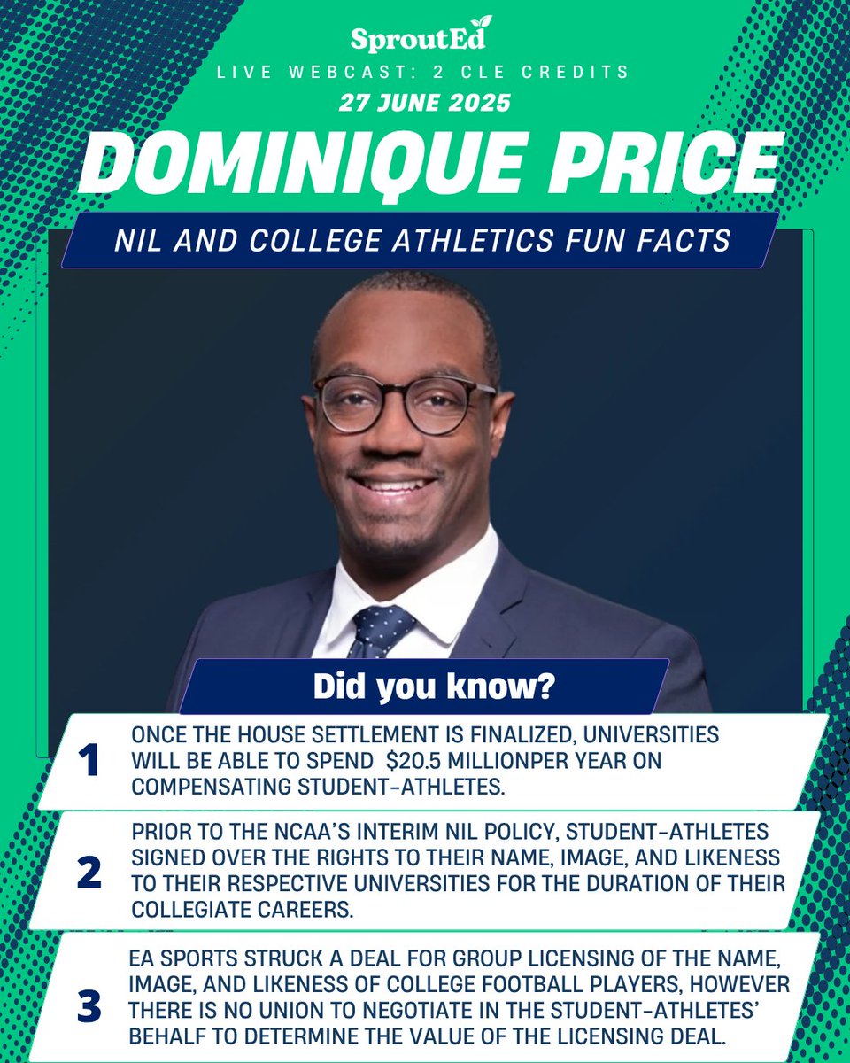sprouted (@sproutedce) on Twitter photo Join us Friday 6/27 as <a href="/Dom_Price_ESQ/">Dom Price Esq</a> unpacks NIL and the legal evolution of college athletics! Register today: bit.ly/3HIFYZv Join us Friday 6/27 as <a href="/Dom_Price_ESQ/">Dom Price Esq</a> unpacks NIL and the legal evolution of college athletics! Register today: bit.ly/3HIFYZv