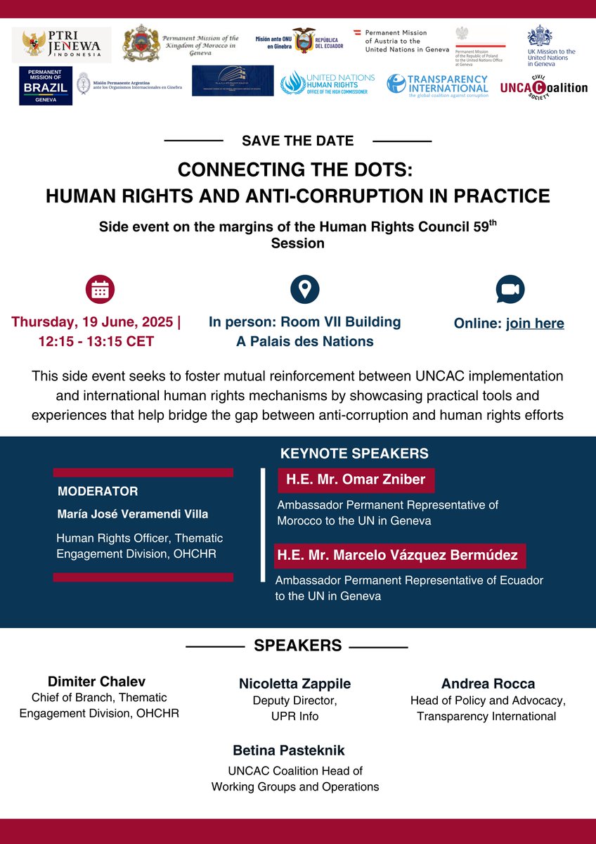 uncaccoalition's tweet image. 🔊 Side Event at the 59th Human Rights Council Session – Connecting the Dots: Human Rights and Anti-Corruption in Practice
⏰19 June | 12:15 – 13:15 CET Geneva, Palais des Nations
Find out more ➡️ uncaccoalition.org/side-event-59t…