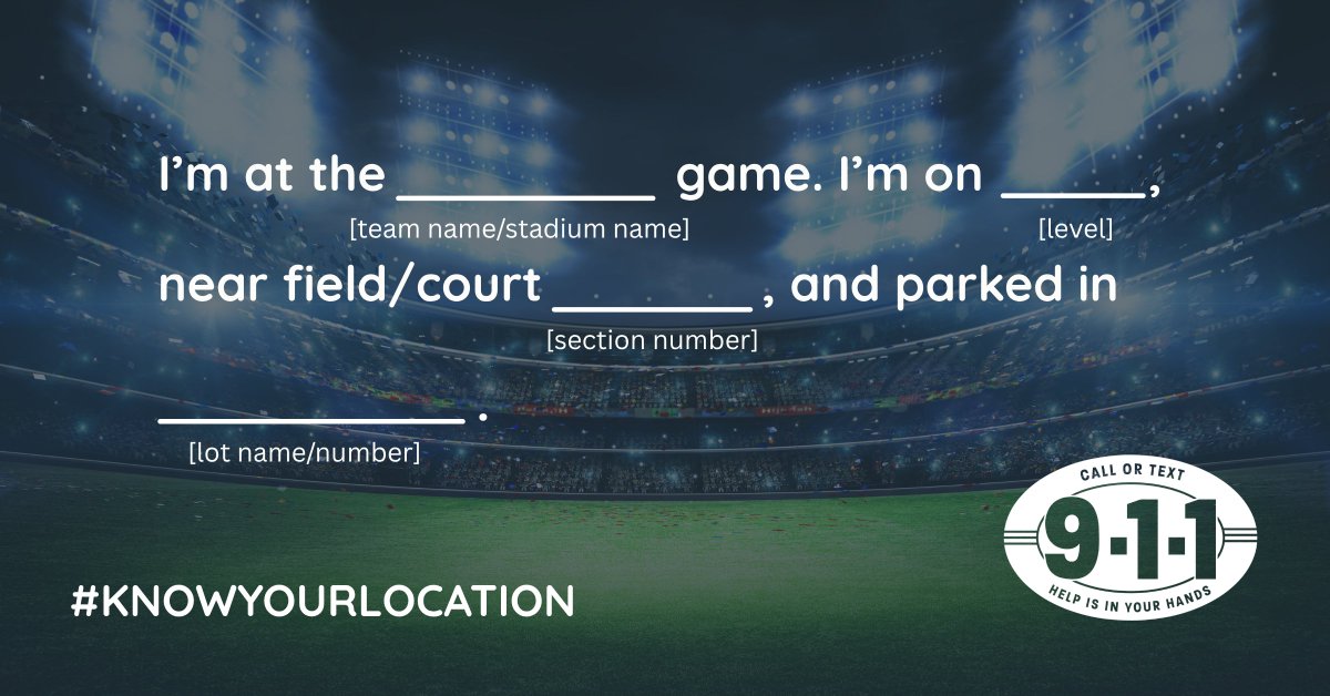 9Wctcog's tweet image. Big game, big crowds, big responsibility. If you call or text 9-1-1, can you say what level you're on? What section? What team or stadium?

Fill in the blanks and get #911ReadyTX

#KnowYourLocation #CallorText #HelpIsInYourHands #SummerReady #HaveAGreatSummer