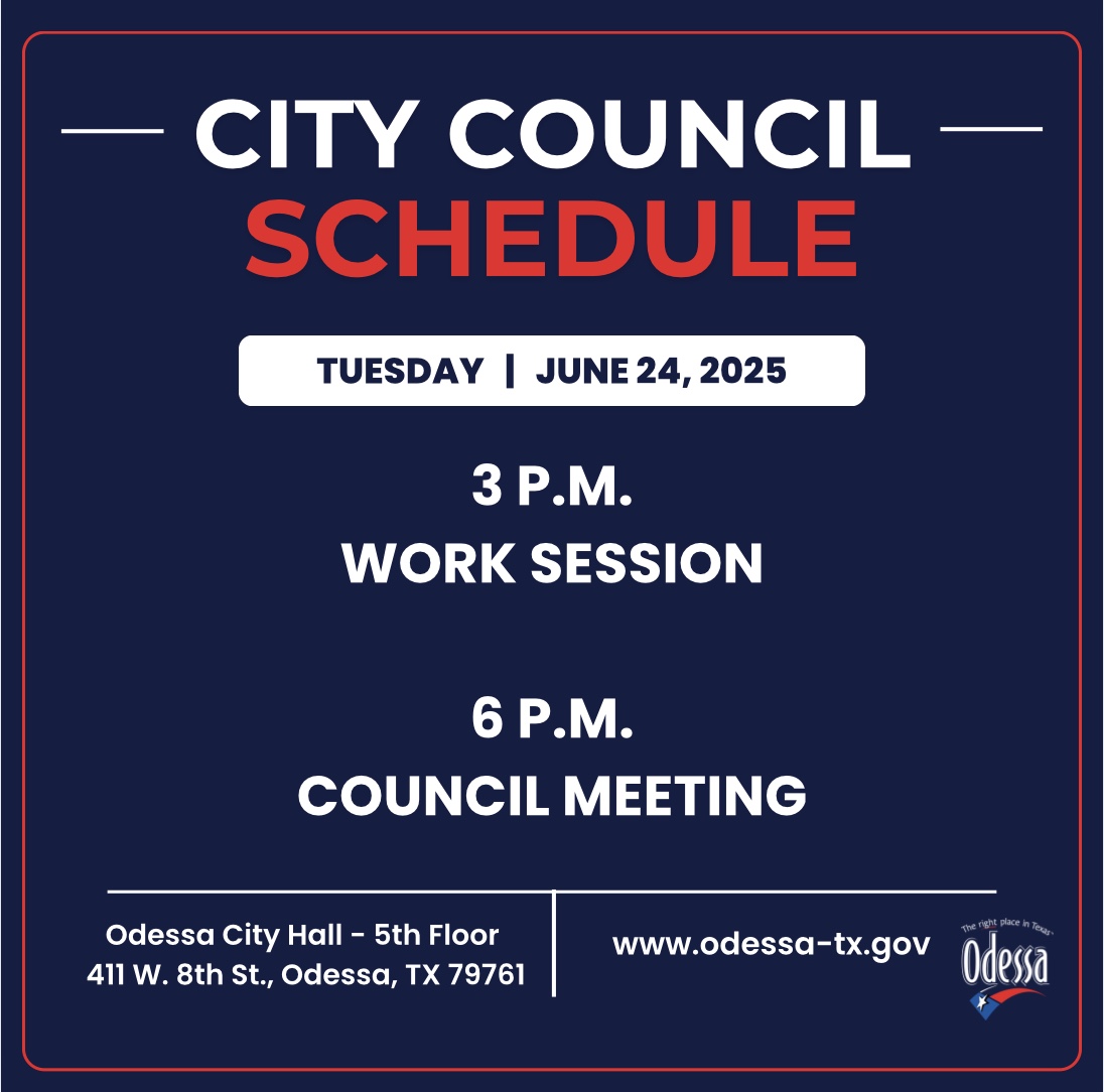 TOMORROW - City Council

We hope to see you there!

✋ Public welcome at Odessa City Hall - 5th Floor
💻 Streaming: odessa-tx.gov/670/City-Counc…
📝 Agenda: odessa-tx.gov/AgendaCenter
🗓️ Calendar: odessa-tx.gov/calendar