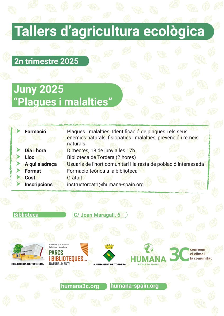 Demà dimecres 18 de juny a les 17 h es portarà a terme a la biblioteca una nova sessió dels Tallers d'agricultura ecològica a càrrec d'#Humana. 

La temàtica serà: "Plagues i malalties" 🦟🌱

Recordeu que son tallers gratuïts oberts a tothom i no cal inscripció!

#Tordera