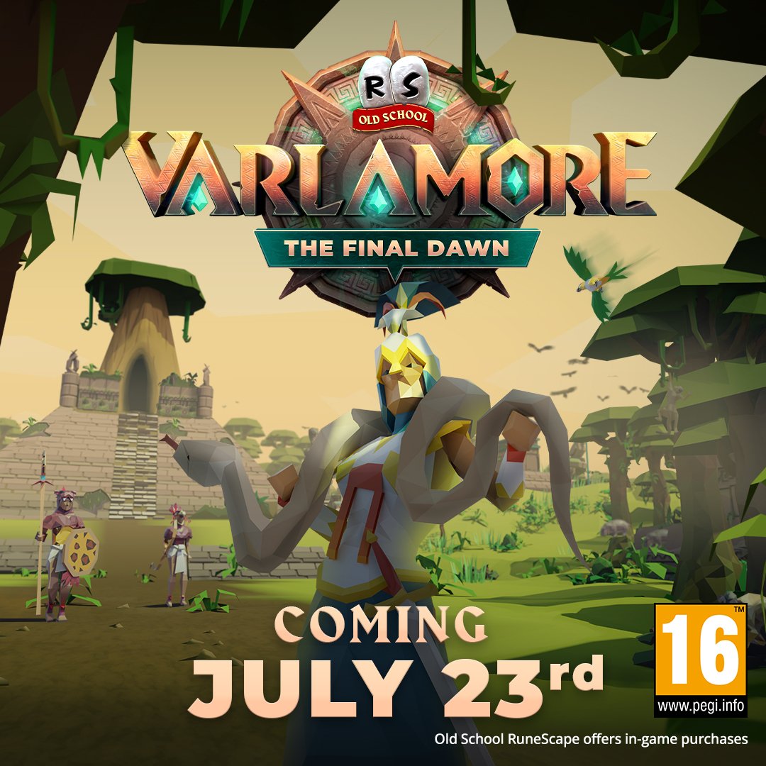 OldSchoolRS's tweet image. On July 23rd, the final chapter of the Varlamore trilogy is dawning on us…
Get excited for:
🌄 A new quest, the Final Dawn
👾 Old School’s first delve boss, the Doom of Mokhaiotl
💀 A new Slayer Dungeon
🏹 A fresh activity for Fletchers