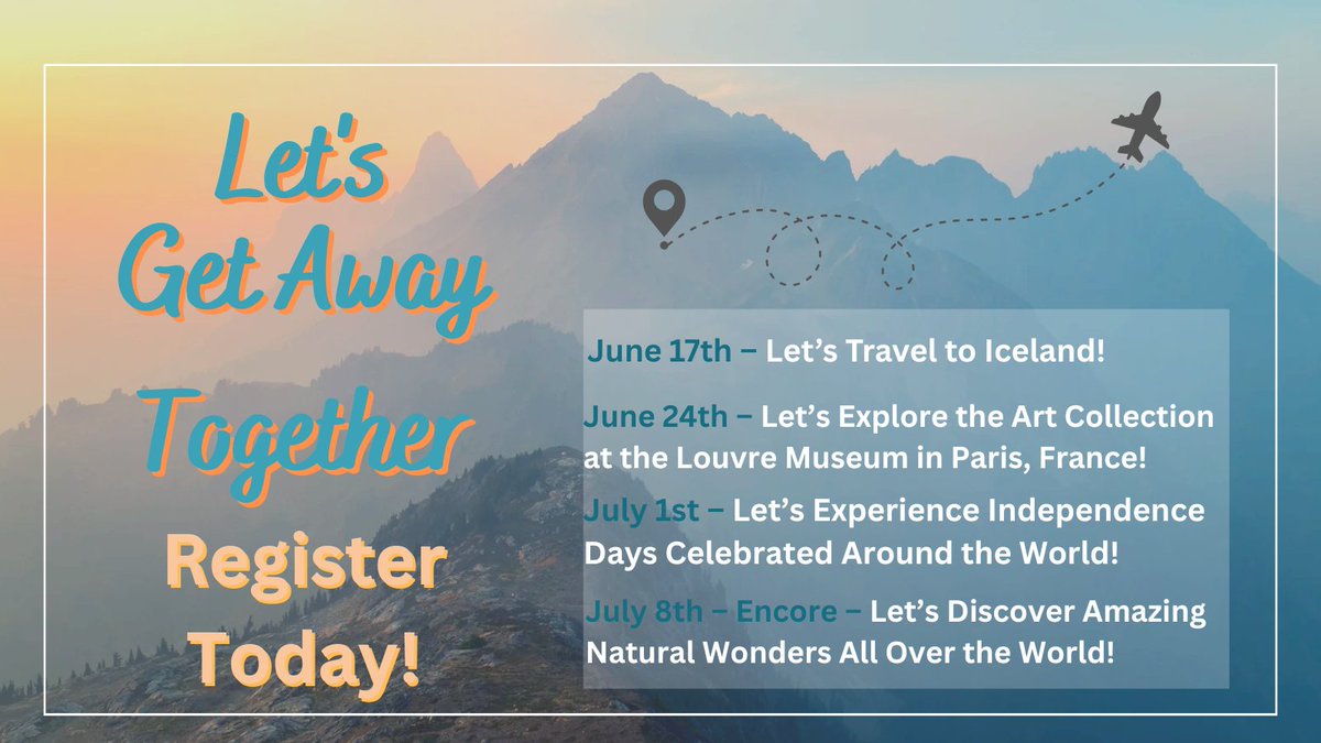 ✈️ Embark on a Journey with Let's Get Away, Together! Series 25! ✈️
Join us for our summer series Tuesdays at 1pm (PT)
Registration URL
ow.ly/JPNt50WarXQ