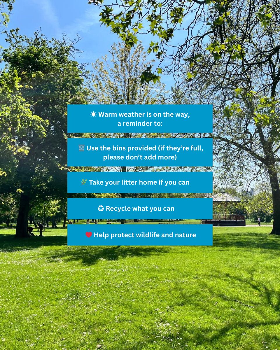 ☀️ Warmer days ahead! Whether you're picnicking, playing or just soaking up the sunshine—please help us keep the park clean and green.

Take your rubbish home if you can, or use the bins provided. Let’s all do our bit to protect this beautiful space for everyone to enjoy! 💚