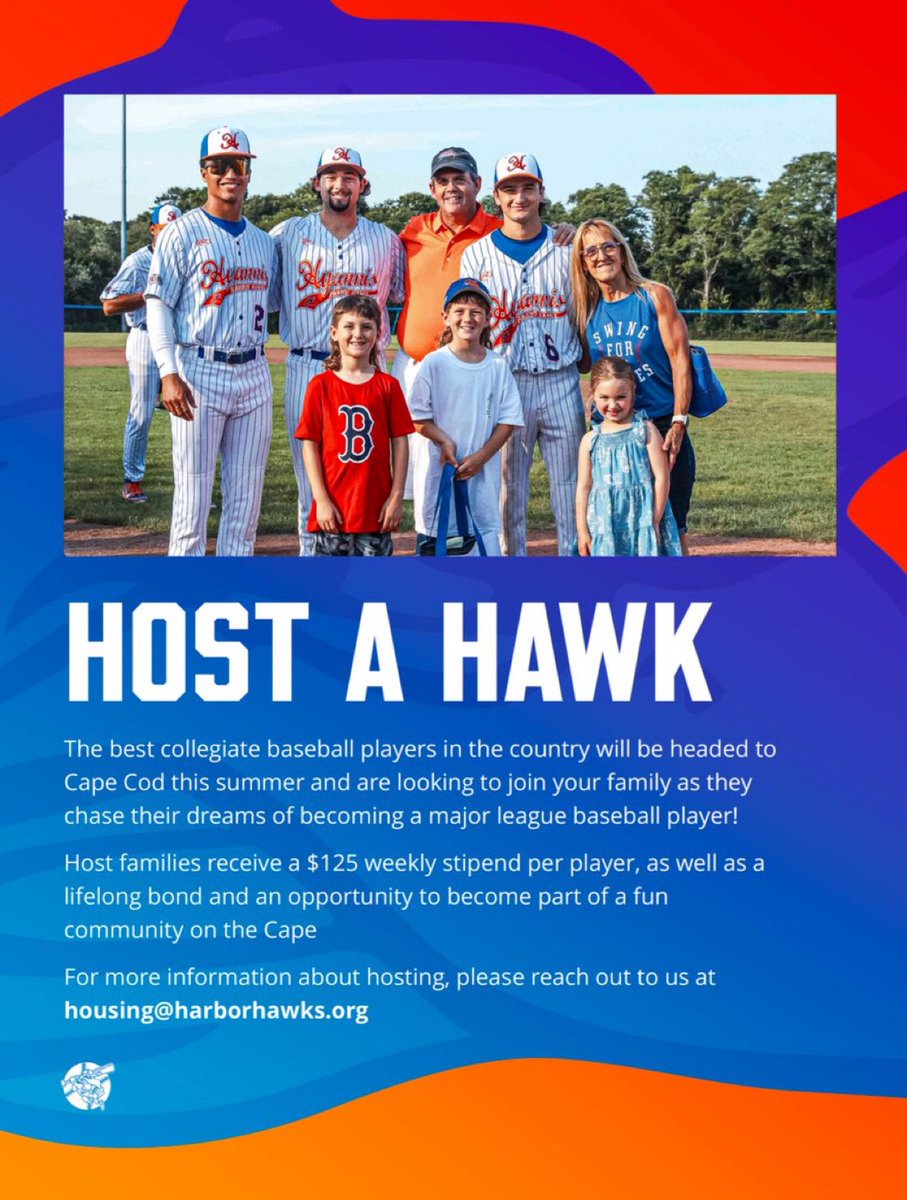 harborhawks's tweet image. The Hyannis Harbor Hawks need your help!
Due to unforeseen circumstances, we are in desperate need of host families to house our talented athletes for the remainder of the summer. If you or someone you know may be interested, please email housing@harborhawks.org
