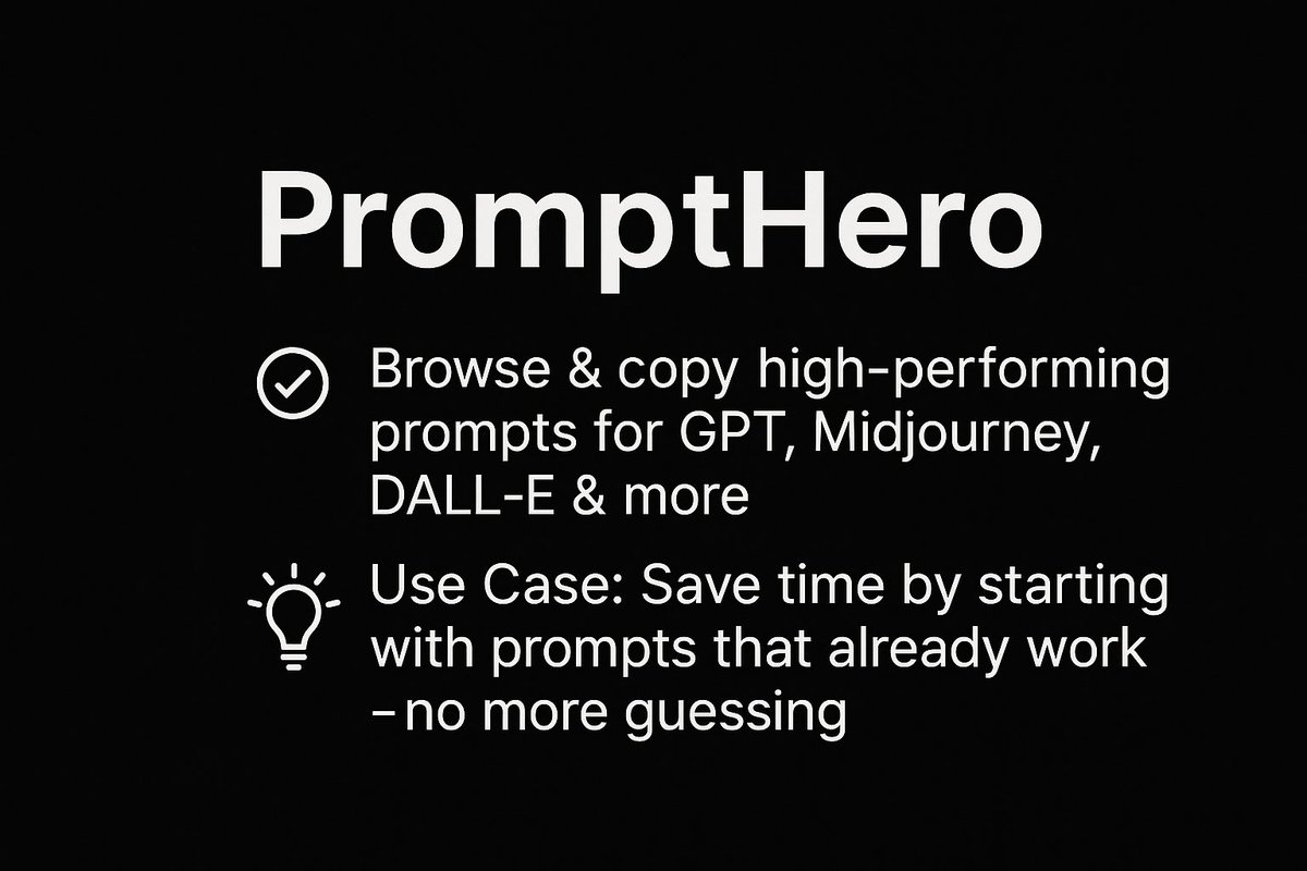DailyAIStack's tweet image. 🔧 Tool of the Day: PromptHero
Browse and copy high performing prompts for GPT, Midjourney, DALL·E & more.
💡 Use Case: Save time by starting with prompts that already work. No more guessing.
#Prompts #AItools #Productivity