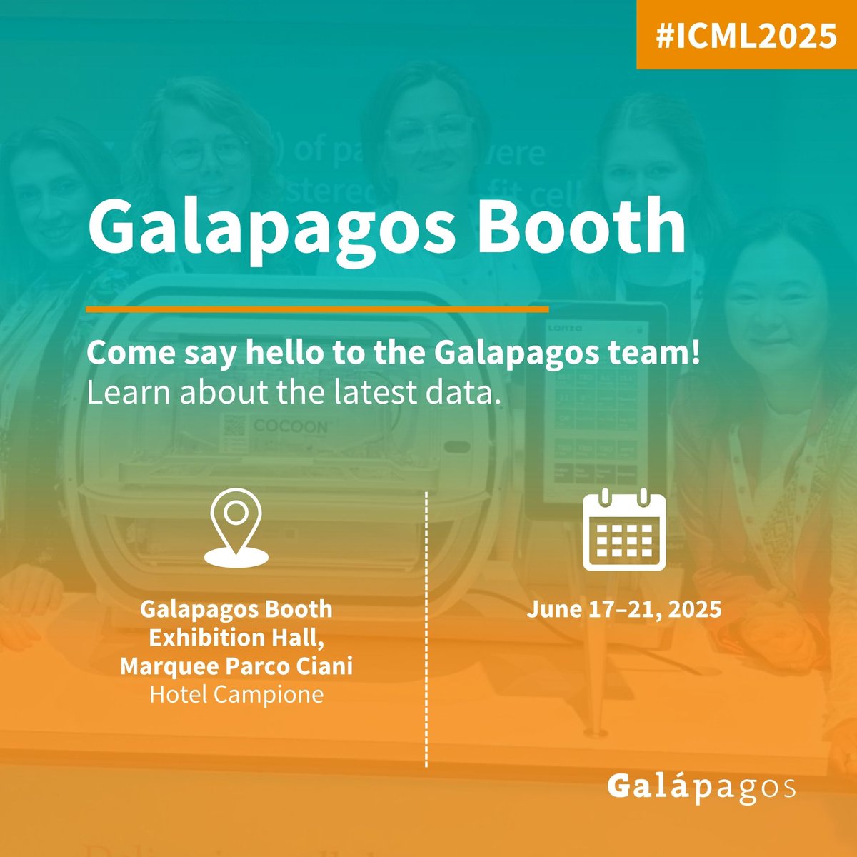 Meet us at #ICML2025!

Join #GLPG in the heart of Switzerland to talk science, strategy, and solutions—because every insight brings us closer to a better future for patients.

📍 Galapagos Booth | Hotel Campione, Lugano, Switzerland
📅 June 17–21, 2025

#PioneeringForPatients