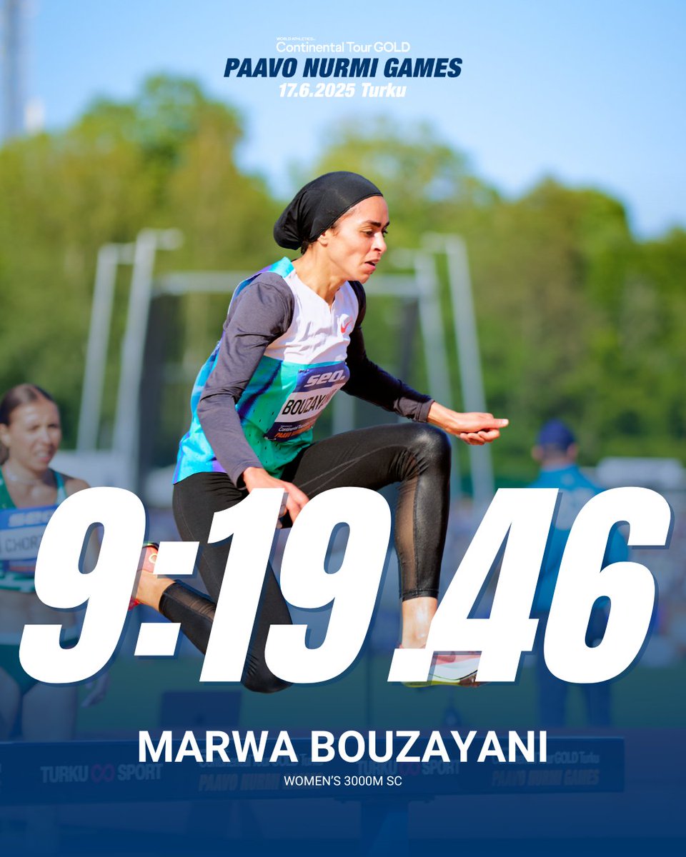 Marwa Bouzayani wins the women’s 3000m steeplechase — a great run and a clear victory!

#PaavoNurmiGames #ContinentalTourGold #WorldAthletics #Turku
