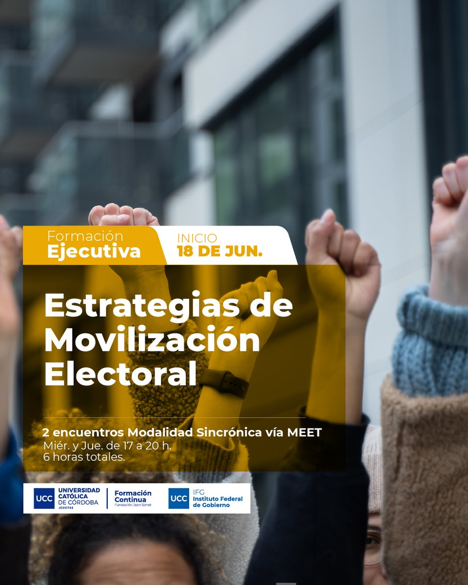 📣 Mañana miércoles 18/6 inicia el curso "𝗘𝘀𝘁𝗿𝗮𝘁𝗲𝗴𝗶𝗮𝘀 𝗱𝗲 𝗺𝗼𝘃𝗶𝗹𝗶𝘇𝗮𝗰𝗶ó𝗻 𝗲𝗹𝗲𝗰𝘁𝗼𝗿𝗮𝗹" con
<a href="/adrielacha/">Adriel Achaval</a>
📅 2 clases: 18 y 19 de junio de 17 a 19h vía Meet (clases sincrónicas).
Inscripciones: fjs.ucc.edu.ar/estrategias-de… ¡Te esperamos!