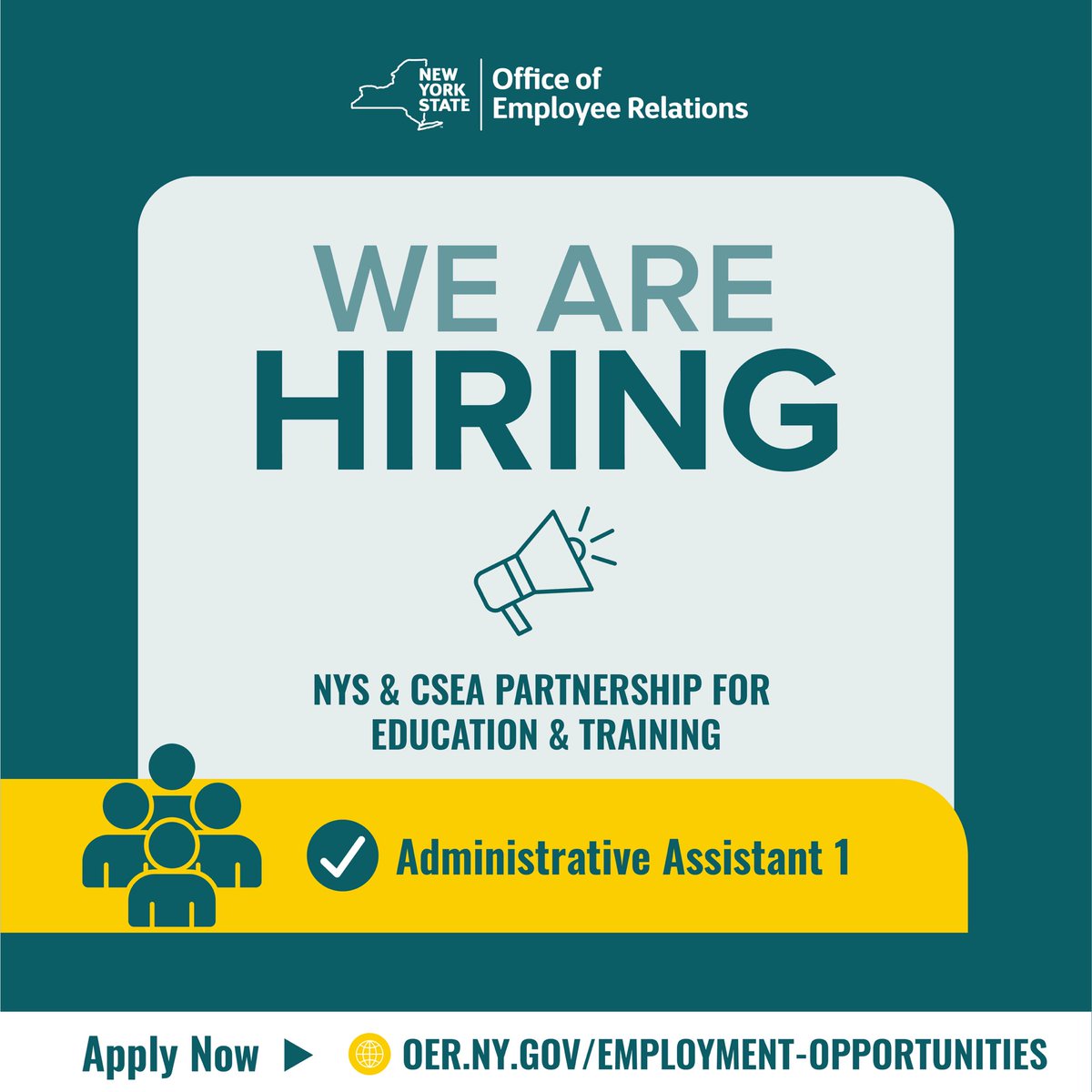 OER's NYS &amp; CSEA Partnership for Education &amp; Training unit is hiring for an Administrative Assistant position. To learn more and to apply visit oer.ny.gov/employment-opp….