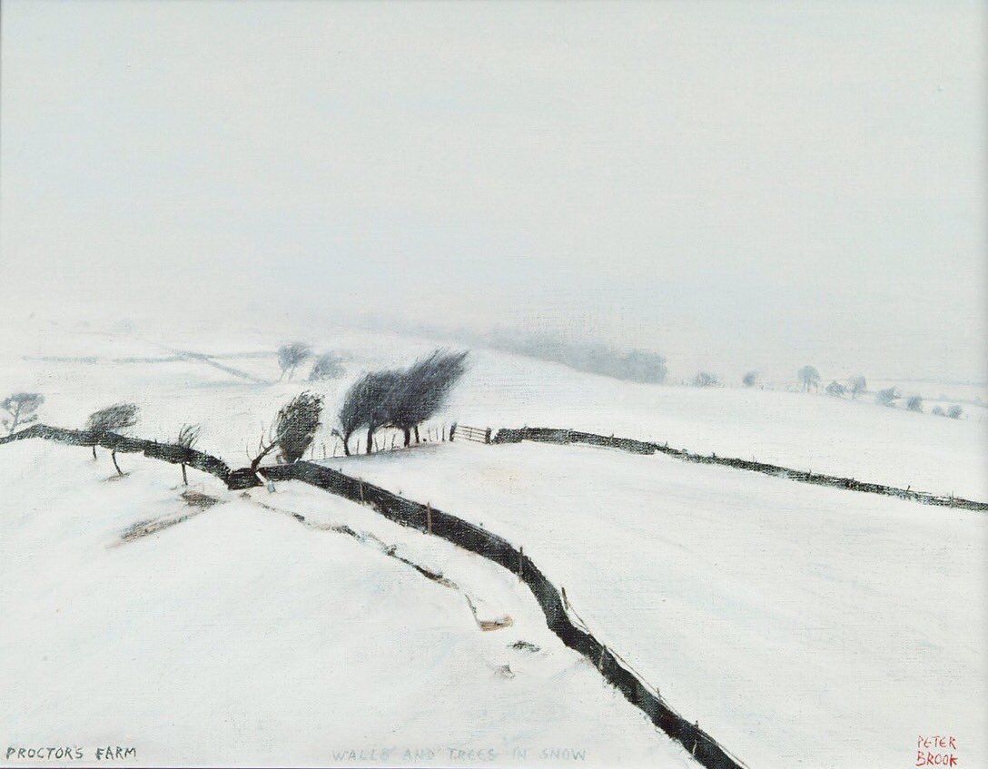 In the 1980’s Peter Brook ‘discovered’ Lancashire, resulting in a series of over 40 paintings of the Trough of Bowland, including ‘Proctor’s Farm - Walls and Trees in Snow’, and culminating in an exhibition at The Inn at Whitewell in 1988. (Sold at Hartleys Auctioneers in 2010)
