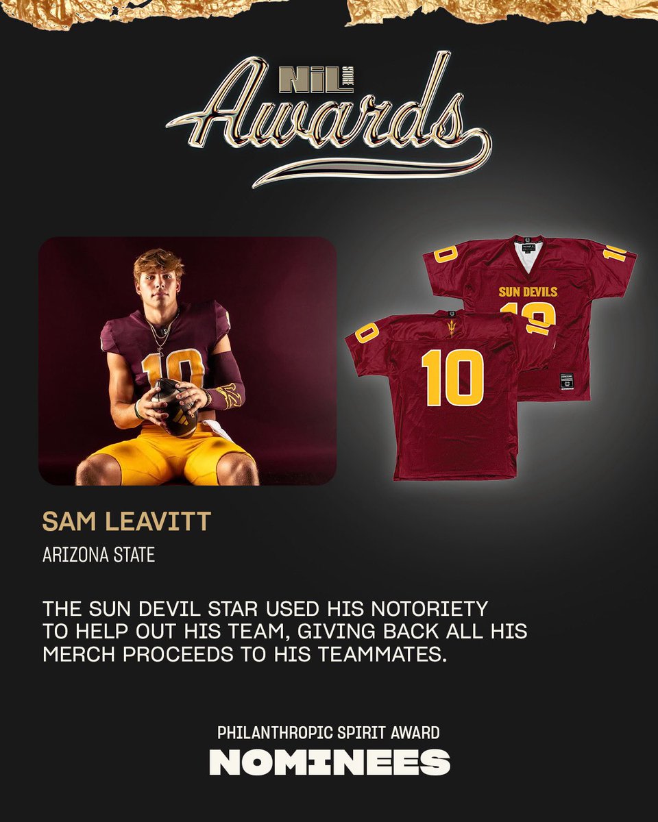 Sam Leavitt has been nominated for the Philanthropic Spirit Award❤️ The NIL Store Awards recognizes his notoriety to give back to his team from his own merch proceeds.

Now that’s a teammate, proud of you @samleavitt10 !

Vote HERE➡️ nil.store/pages/awards