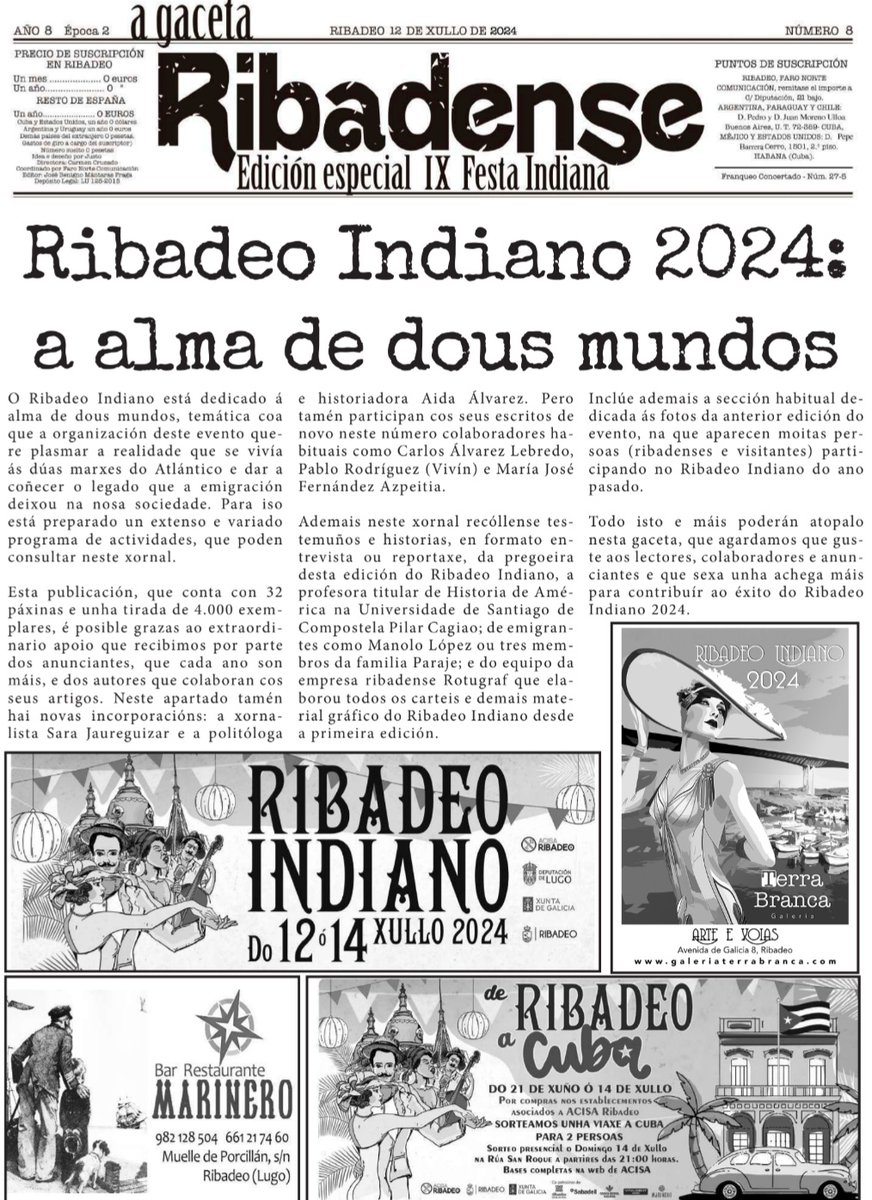 Karmencitina's tweet photo. Estamos en la cuenta atrás para el décimo #RibadeoIndiano 🌴 En el horno está ya una nueva edición de #AGacetaRibadense 📰 Toca desempolvar los modelos 👒👔 y dejarse llevar por los sones cubanos de #LosVanVan 🇨🇺🎺🥁🎶🎵 #Ribadeo, #AMariña, #Galicia https://t.co/vY3eoxQL1s