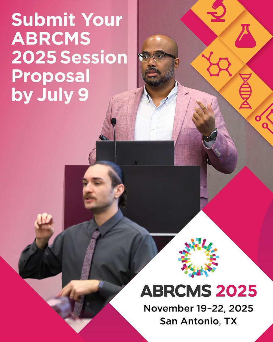 ABRCMS's tweet image. Don’t forget: #ABRCMS2025 session proposals are due by July 9!
Help us create a strong program of scientific and professional development sessions. From cutting-edge research to career advice.
Submit your proposal at abrcms.org/present-at-abr…
#STEM #STEMeducation #STEMcareers