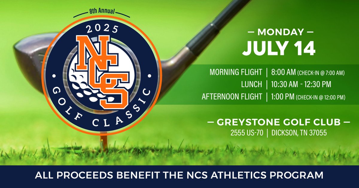 _NCSathletics's tweet image. Tee it up for a great cause at the 2025 NCS Golf Classic! Registration is open for your team. Don’t miss this opportunity to support NCS and enjoy a great day on the course.
Sign up today: bit.ly/3HZcrdX or at the link in our profile.
