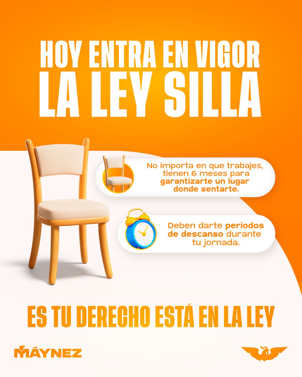 ¡Hoy entra en vigor la Ley Silla! 🪑
No importa si estás en caja, en piso, en oficina o en tienda:
En tu trabajo deben garantizarte:
✔️ Un asiento digno.
✔️ Descansos durante la jornada.

Es tu derecho. Está en la ley.