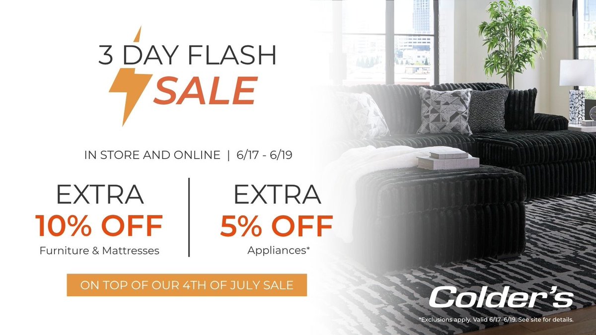 colderswi's tweet photo. ⚡️ 3 Day Flash Sale starts now! ⚡️

Get an extra 10% OFF furniture and mattresses, and 5% OFF appliances! 🔧

Happening in-store and online June 17–19 only. ⏰

Shop now: https://t.co/0ENYN7L8Qs

*Exclusions apply. Valid 6/17–6/19. See site for details. https://t.co/cEfAPNuxNJ