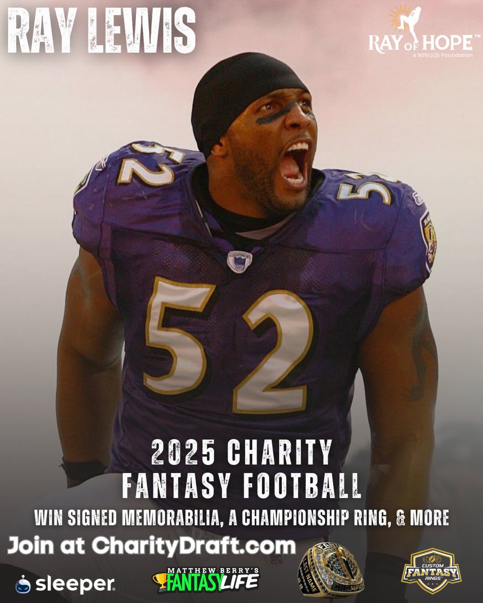 AE30Foundation's tweet image. ‼️Announcing the 1st annual @raylewis Charity Fantasy Football League! Profits support Ray of Hope Foundation.
Prizes include signed memorabilia, a championship ring, and more.
REGISTER NOW at CharityDraft.com 🏈