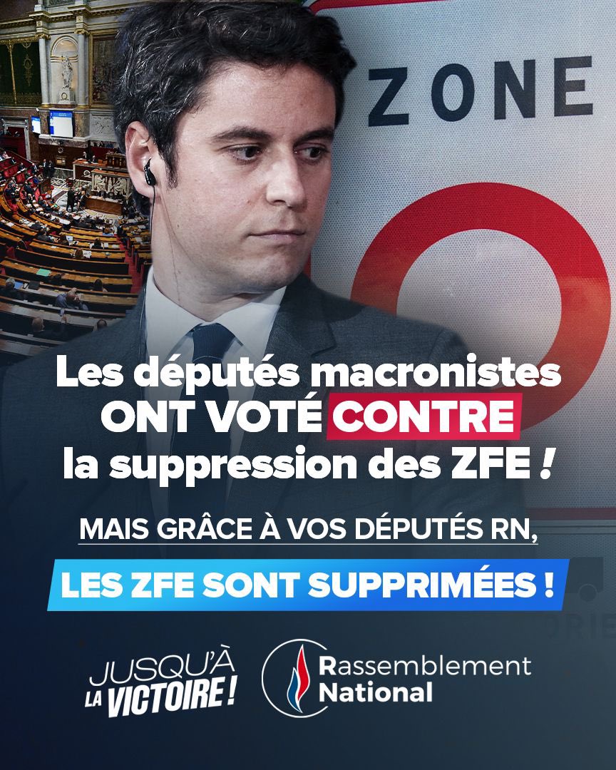 Rassemblement National (@rnational_off) on Twitter photo đŽ Les macronistes qui pĂ©nalisent la France du travail viennent de subir un revers Ă lâAssemblĂ©e : les ZFE sont supprimĂ©es !
GrĂące Ă lâaction de vos dĂ©putĂ©s <a href="/groupeRN_off/">Groupe Rassemblement National</a>, cette mesure injuste et punitive est dĂ©sormais enterrĂ©e.
â¶ïž Automobilistes, dites STOP au racket : đŽ Les macronistes qui pĂ©nalisent la France du travail viennent de subir un revers Ă lâAssemblĂ©e : les ZFE sont supprimĂ©es !
GrĂące Ă lâaction de vos dĂ©putĂ©s <a href="/groupeRN_off/">Groupe Rassemblement National</a>, cette mesure injuste et punitive est dĂ©sormais enterrĂ©e.
â¶ïž Automobilistes, dites STOP au racket :