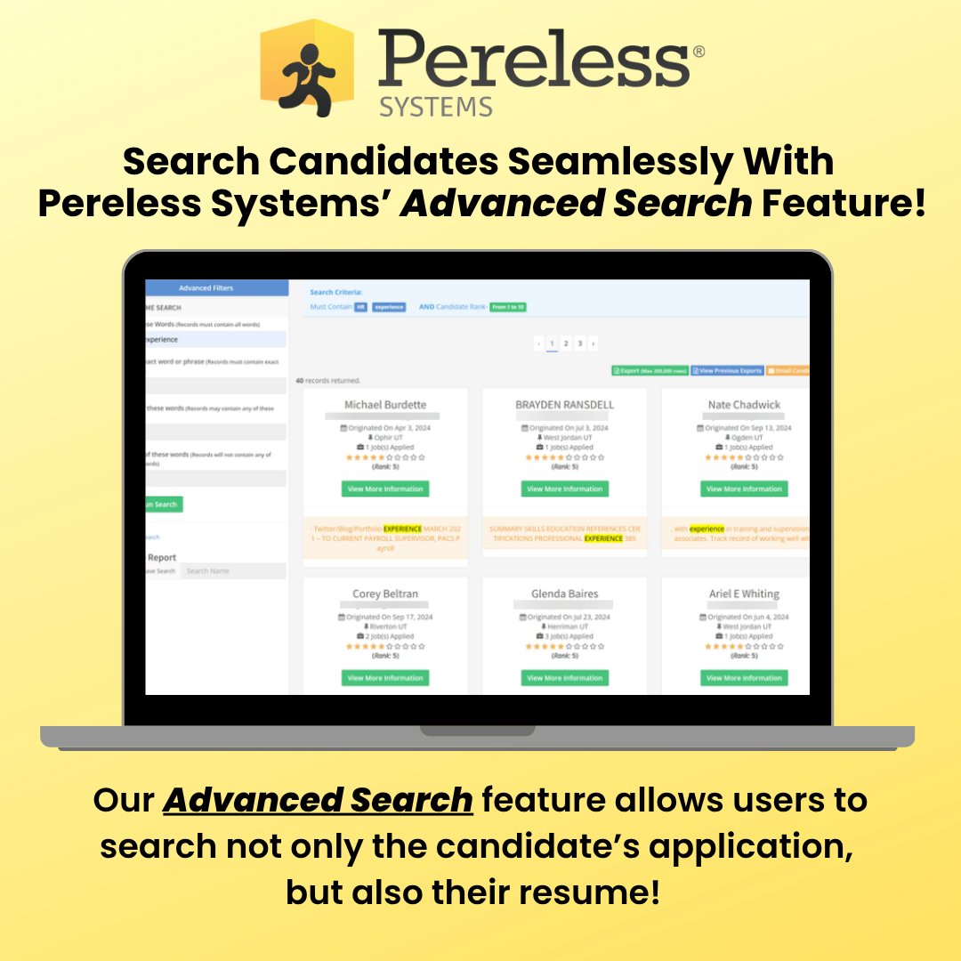 Pereless_i7's tweet image. With Pereless Systems&apos; Advanced Search, you can dive deep—not only through candidate applications but straight into their resumes too. Start hiring smarter, faster today! hubs.li/Q03ssy5h0
#ATS #ApplicantTracking #Hiring #Recruiting #HumanResources #HR