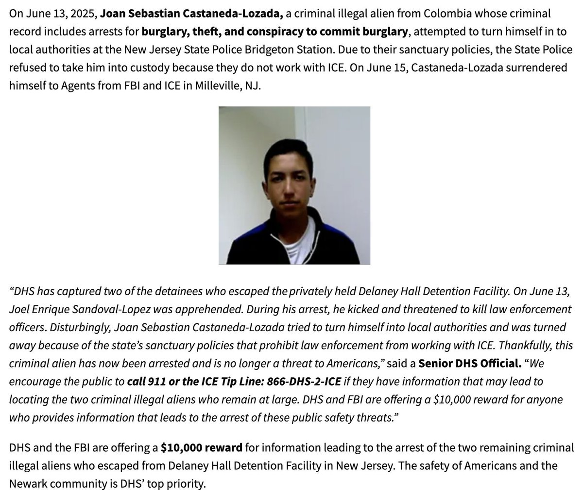 Wake Up NJ ๐บ๐ธ New Jersey (@wakeupnj) on Twitter photo See what happens when Sanctuary City/State policies get in the way
Joan Sebastian Castaneda-Lozada attempted to surrender to state police but was turned away! Wtf, this non sense needs to stop!
Info found by <a href="/BorderHawkNews/">Border Hawk</a>
"On June 13, 2025, Joan Sebastian Castaneda-Lozada, a See what happens when Sanctuary City/State policies get in the way
Joan Sebastian Castaneda-Lozada attempted to surrender to state police but was turned away! Wtf, this non sense needs to stop!
Info found by <a href="/BorderHawkNews/">Border Hawk</a>
"On June 13, 2025, Joan Sebastian Castaneda-Lozada, a