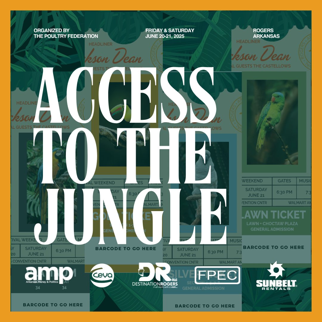 Do you have your ticket to the jungle?
A festival ticket is required for:
• Industry Awards Banquet
• Cooking Competition &amp; Dinner
• Festival Concert @ Walmart AMP
Sports registration does not include access.
ow.ly/xn6050WaLhp
Questions: info@thepoultryfederation.com