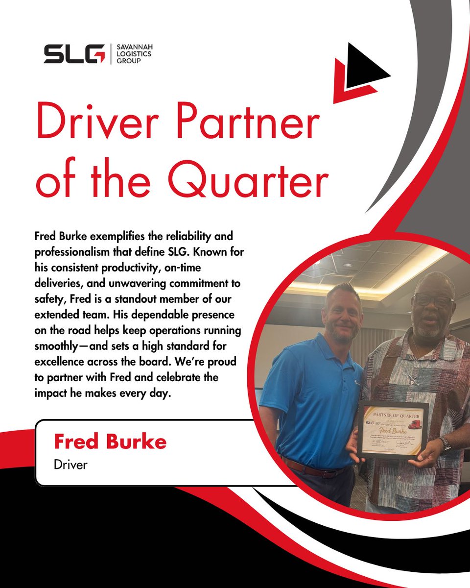 Congrats to Fred Burke, our Driver Partner of the Quarter! 🛻 He was recognized at the Savannah Safety Meeting—perfect timing for someone known for his stellar safety record. 👏 #driverpartnerofthequarter #teamSLG #proudofourteam #weloveourteam #SavannahLogisticsGroup