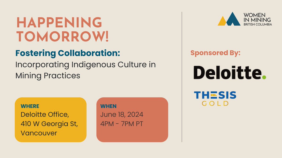 Thank you to everyone who registered for WIMBC’s in-person event happening tomorrow in Vancouver:

🎙️ Fostering Collaboration: Incorporating Indigenous Culture in Mining Practices
📆 June 18 | ⏰ 4:00–7:00 PM
📍 Deloitte, 410 West Georgia Street, Vancouver.

We’re thrilled to