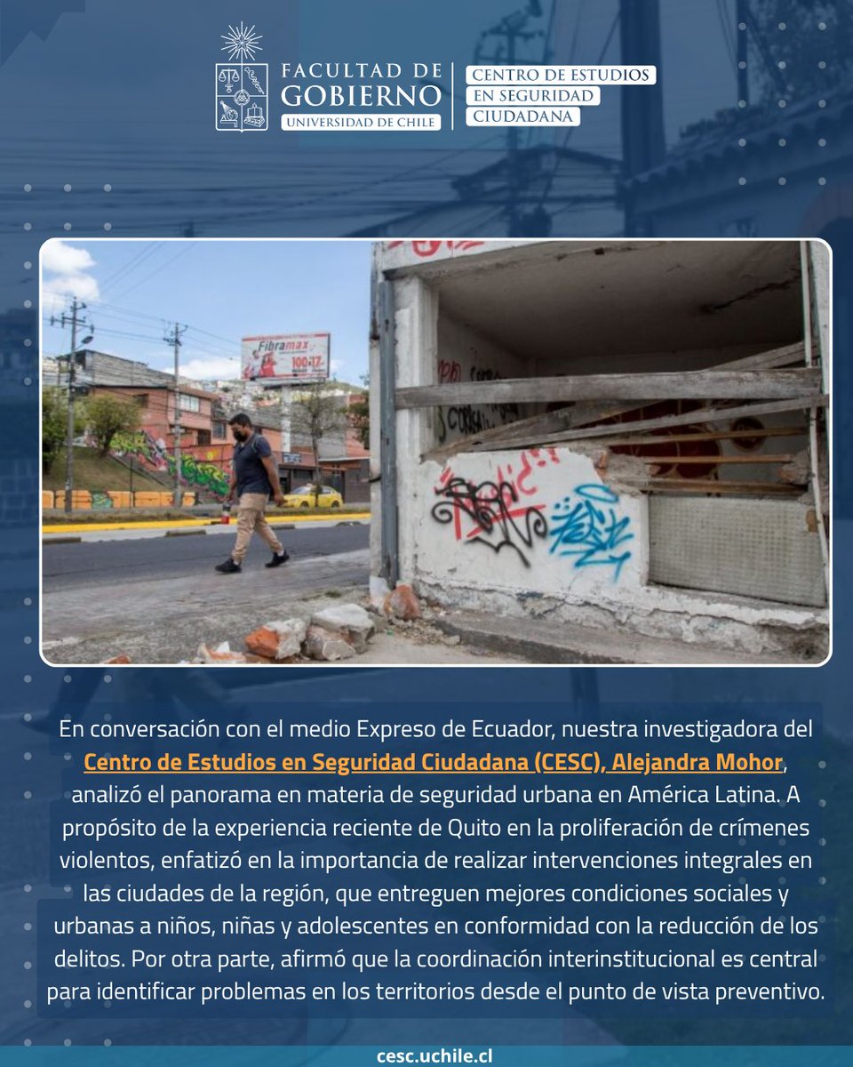 CESC_UChile's tweet image. 🔎 #CESCEnMedios | Nuestra investigadora Alejandra Mohor conversó con @Expresoec sobre seguridad urbana en América Latina 🌎

Destacó el rol de estrategias preventivas y abordajes integrales para NNA que eviten su vinculación al delito. 

🗞️ Lee más en expreso.ec/actualidad/ins…