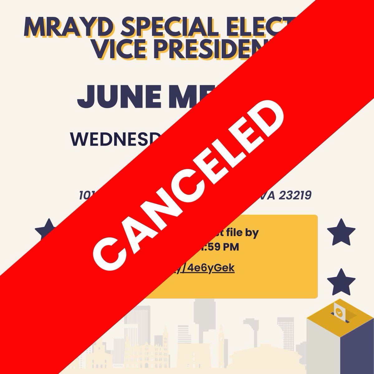 Due to a last-minute candidate change, our VP special election and June meeting are canceled. Please check your email for more details.